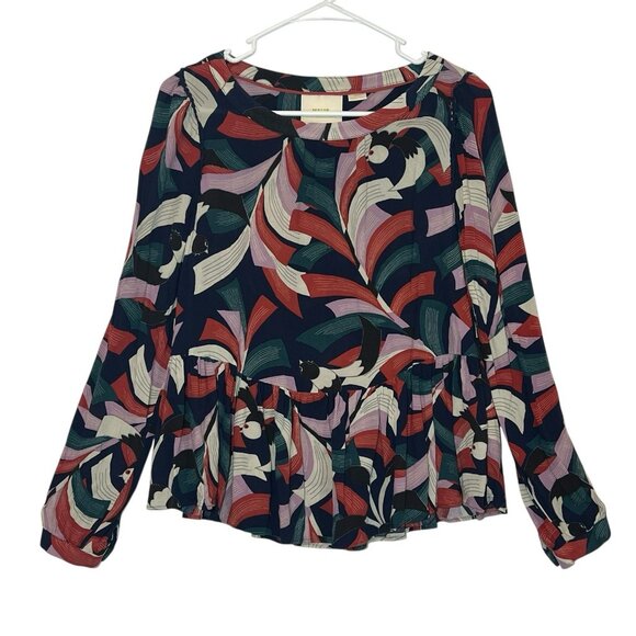 Maeve Anthropologie Cheyenne Peplum Birds Print Blouse Small Top Long Sleeves - Picture 3 of 12